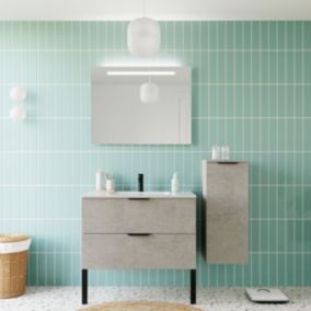 Meuble de salle de bain suspendu vasque intégrée 90cm 2 tiroirs façon Béton + miroir + colonne ouverture droite - Soho