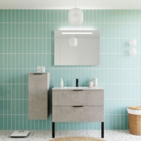 Meuble de salle de bain suspendu vasque intégrée 90cm 2 tiroirs façon Béton + miroir + colonne ouverture gauche - Soho