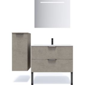 Meuble de salle de bain suspendu vasque intégrée 90cm 2 tiroirs façon Béton + miroir + colonne ouverture gauche - Venice