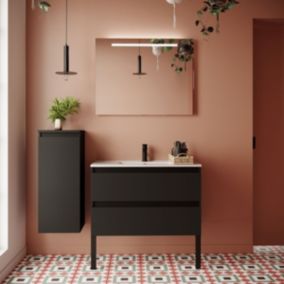 Meuble de salle de bain suspendu vasque intégrée 90cm 2 tiroirs Noir + miroir - Hudson