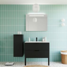 Meuble de salle de bain suspendu vasque intégrée 90cm 2 tiroirs Noir + miroir - Soho