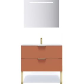Meuble de salle de bain suspendu vasque intégrée 90cm 2 tiroirs Terracotta + miroir - Venice