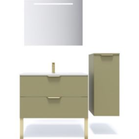 Meuble de salle de bain suspendu vasque intégrée 90cm 2 tiroirs Vert olive + miroir + colonne ouverture droite - Venice
