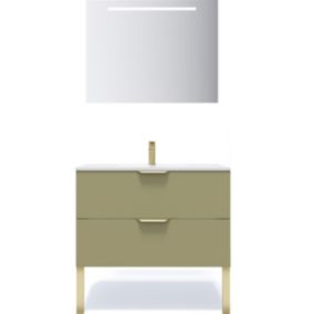 Meuble de salle de bain suspendu vasque intégrée 90cm 2 tiroirs Vert olive + miroir - Venice