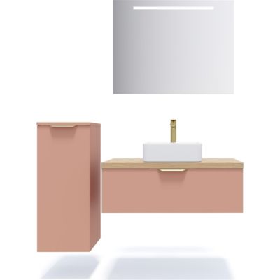 Meuble de salle de bain suspendu vasque à poser 90cm 1 tiroir Abricot + miroir + colonne ouverture gauche - Venice
