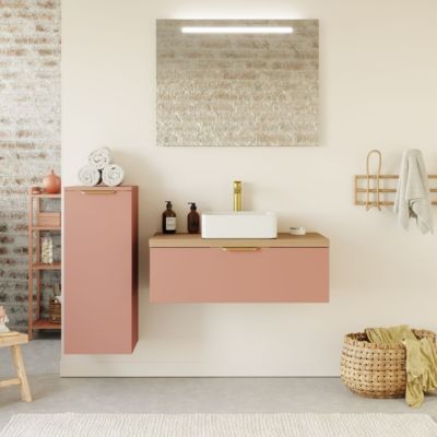 Meuble de salle de bain suspendu vasque à poser 90cm 1 tiroir Abricot + miroir + colonne ouverture gauche - Venice