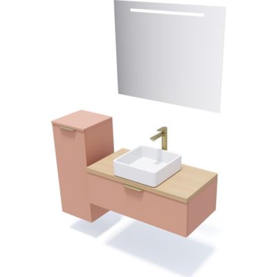 Meuble de salle de bain suspendu vasque à poser 90cm 1 tiroir Abricot + miroir + colonne ouverture gauche - Venice
