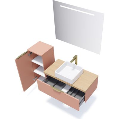 Meuble de salle de bain suspendu vasque à poser 90cm 1 tiroir Abricot + miroir + colonne ouverture gauche - Venice