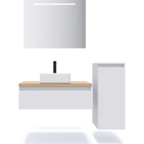 Meuble de salle de bain suspendu vasque à poser 90cm 1 tiroir Blanc + miroir + colonne ouverture droite - Hudson