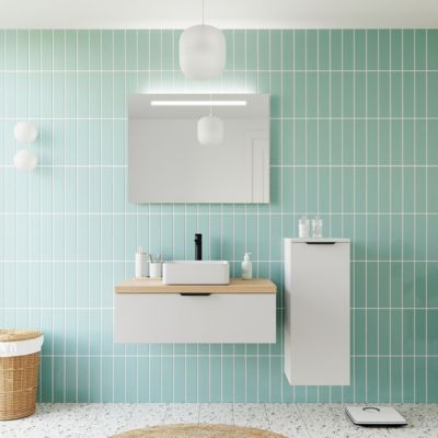Meuble de salle de bain suspendu vasque à poser 90cm 1 tiroir Blanc + miroir + colonne ouverture droite - Soho