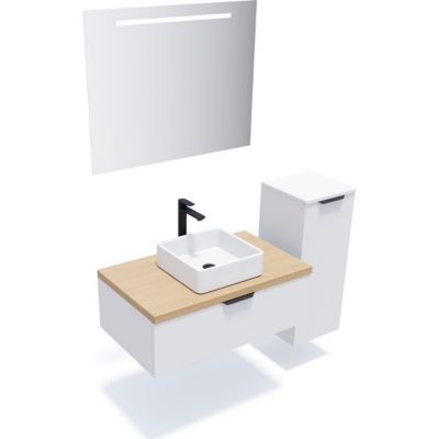 Meuble de salle de bain suspendu vasque à poser 90cm 1 tiroir Blanc + miroir + colonne ouverture droite - Soho