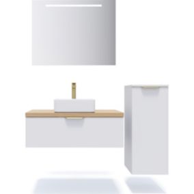 Meuble de salle de bain suspendu vasque à poser 90cm 1 tiroir Blanc + miroir + colonne ouverture droite - Venice