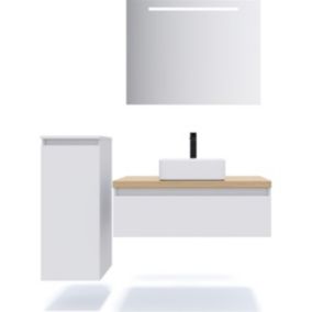 Meuble de salle de bain suspendu vasque à poser 90cm 1 tiroir Blanc + miroir + colonne ouverture gauche - Hudson