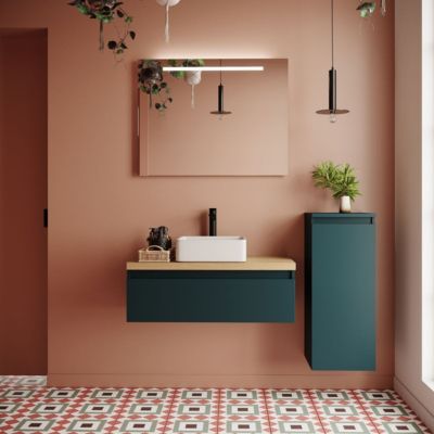 Meuble de salle de bain suspendu vasque à poser 90cm 1 tiroir Bleu + miroir + colonne ouverture droite - Hudson