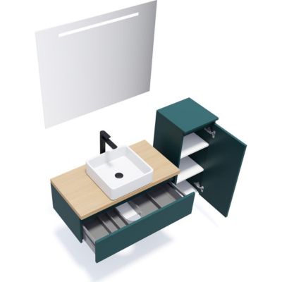 Meuble de salle de bain suspendu vasque à poser 90cm 1 tiroir Bleu + miroir + colonne ouverture droite - Hudson