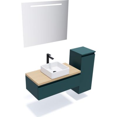 Meuble de salle de bain suspendu vasque à poser 90cm 1 tiroir Bleu + miroir + colonne ouverture droite - Hudson