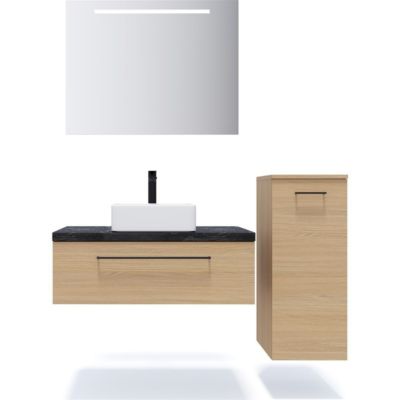 Meuble de salle de bain suspendu vasque à poser 90cm 1 tiroir Chêne clair + miroir + colonne ouverture droite - Glasgow
