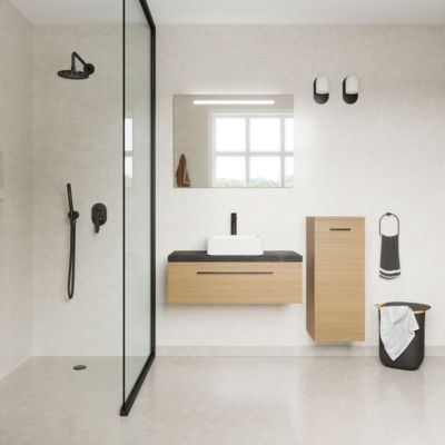 Meuble de salle de bain suspendu vasque à poser 90cm 1 tiroir Chêne clair + miroir + colonne ouverture droite - Glasgow