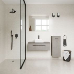 Meuble de salle de bain suspendu vasque à poser 90cm 1 tiroir façon Béton + miroir + colonne ouverture droite - Glasgow