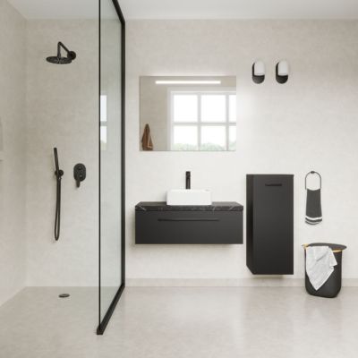 Meuble de salle de bain suspendu vasque à poser 90cm 1 tiroir Noir + miroir + colonne ouverture droite - Glasgow