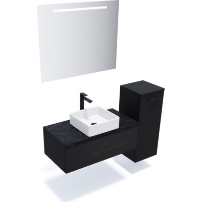 Meuble de salle de bain suspendu vasque à poser 90cm 1 tiroir Noir + miroir + colonne ouverture droite - Glasgow