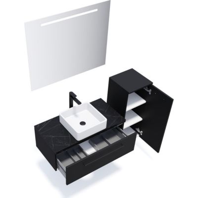 Meuble de salle de bain suspendu vasque à poser 90cm 1 tiroir Noir + miroir + colonne ouverture droite - Glasgow