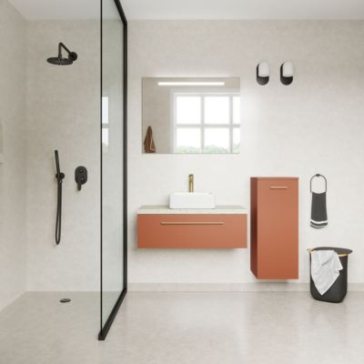 Meuble de salle de bain suspendu vasque à poser 90cm 1 tiroir Terracotta + miroir + colonne ouverture droite - Glasgow
