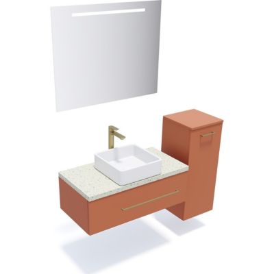 Meuble de salle de bain suspendu vasque à poser 90cm 1 tiroir Terracotta + miroir + colonne ouverture droite - Glasgow