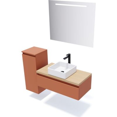 Meuble de salle de bain suspendu vasque à poser 90cm 1 tiroir Terracotta + miroir + colonne ouverture gauche - Hudson
