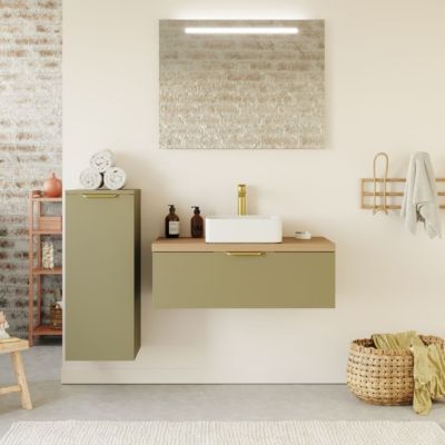 Meuble de salle de bain suspendu vasque à poser 90cm 1 tiroir Vert olive + miroir + colonne ouverture gauche - Venice