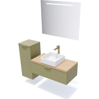 Meuble de salle de bain suspendu vasque à poser 90cm 1 tiroir Vert olive + miroir + colonne ouverture gauche - Venice
