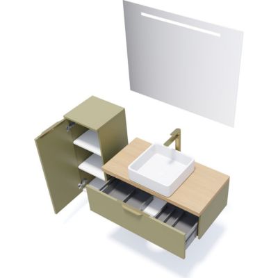 Meuble de salle de bain suspendu vasque à poser 90cm 1 tiroir Vert olive + miroir + colonne ouverture gauche - Venice