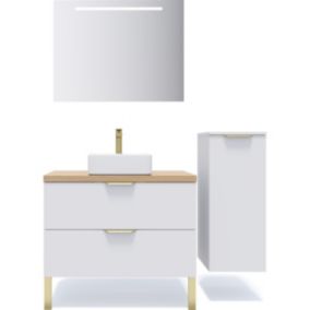 Meuble de salle de bain suspendu vasque à poser 90cm 2 tiroirs Blanc + miroir + colonne ouverture droite - Venice