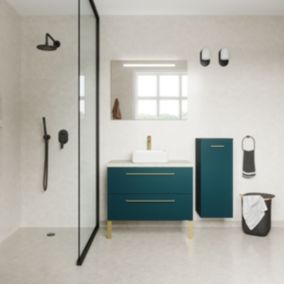 Meuble de salle de bain suspendu vasque à poser 90cm 2 tiroirs Bleu + miroir + colonne ouverture droite - Glasgow