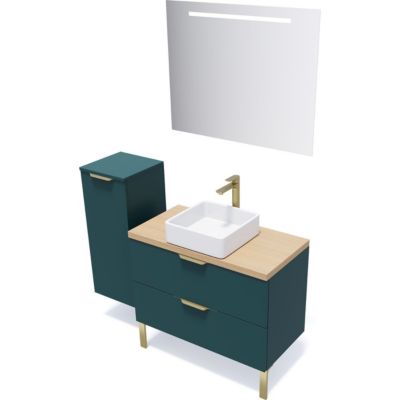Meuble de salle de bain suspendu vasque à poser 90cm 2 tiroirs Bleu + miroir + colonne ouverture gauche - Venice