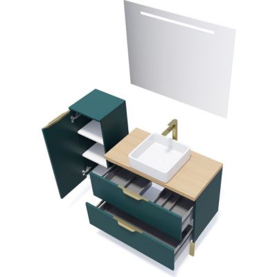 Meuble de salle de bain suspendu vasque à poser 90cm 2 tiroirs Bleu + miroir + colonne ouverture gauche - Venice