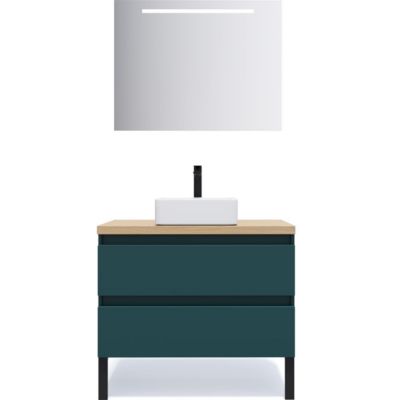 Meuble de salle de bain suspendu vasque à poser 90cm 2 tiroirs Bleu + miroir - Hudson