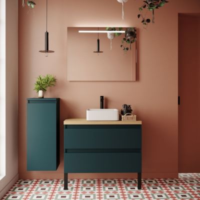 Meuble de salle de bain suspendu vasque à poser 90cm 2 tiroirs Bleu + miroir - Hudson
