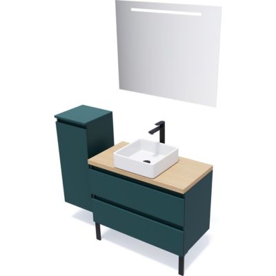 Meuble de salle de bain suspendu vasque à poser 90cm 2 tiroirs Bleu + miroir - Hudson