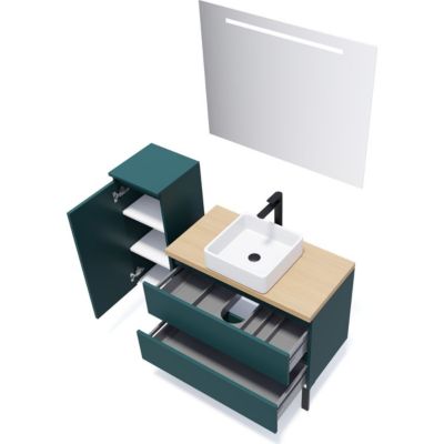 Meuble de salle de bain suspendu vasque à poser 90cm 2 tiroirs Bleu + miroir - Hudson
