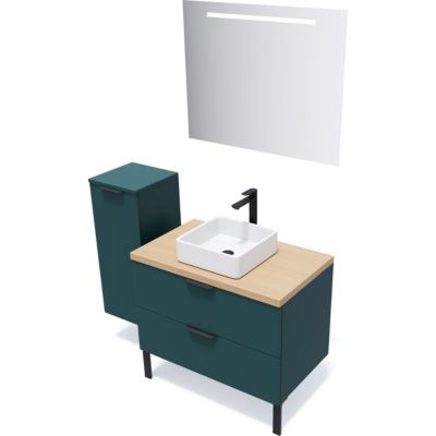 Meuble de salle de bain suspendu vasque à poser 90cm 2 tiroirs Bleu - Soho