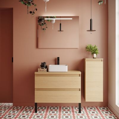 Meuble de salle de bain suspendu vasque à poser 90cm 2 tiroirs Chêne clair + miroir + colonne ouverture droite - Hudson