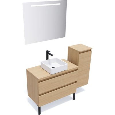 Meuble de salle de bain suspendu vasque à poser 90cm 2 tiroirs Chêne clair + miroir + colonne ouverture droite - Hudson