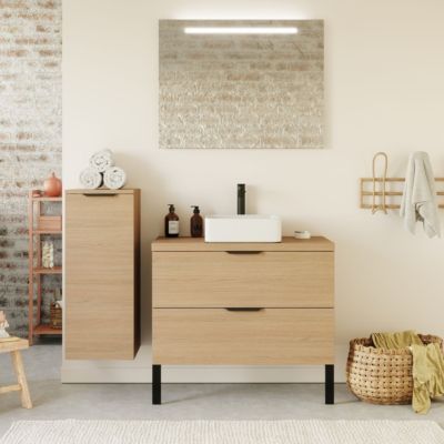 Meuble de salle de bain suspendu vasque à poser 90cm 2 tiroirs Chêne clair + miroir - Venice