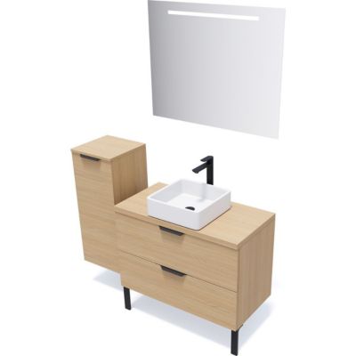 Meuble de salle de bain suspendu vasque à poser 90cm 2 tiroirs Chêne clair + miroir - Venice