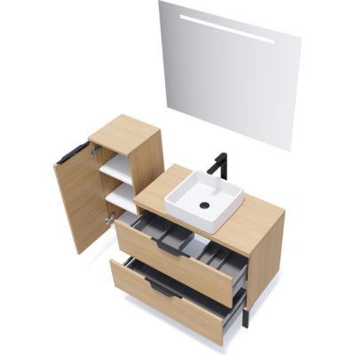 Meuble de salle de bain suspendu vasque à poser 90cm 2 tiroirs Chêne clair + miroir - Venice
