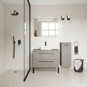 Meuble de salle de bain suspendu vasque à poser 90cm 2 tiroirs façon Béton + miroir + colonne ouverture droite - Glasgow