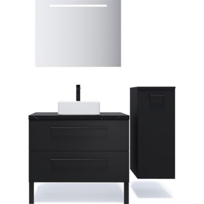 Meuble de salle de bain suspendu vasque à poser 90cm 2 tiroirs Noir + miroir + colonne ouverture droite - Glasgow