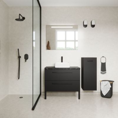 Meuble de salle de bain suspendu vasque à poser 90cm 2 tiroirs Noir + miroir + colonne ouverture droite - Glasgow