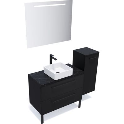 Meuble de salle de bain suspendu vasque à poser 90cm 2 tiroirs Noir + miroir + colonne ouverture droite - Glasgow
